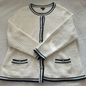J Jill Wearever Waffle Knit Cardigan XLP White Blue Button Front Pockets Travel